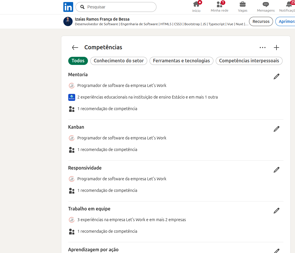 Print das competências no LinkedIn — Vue.js, responsividade, trabalho em equipe e mais