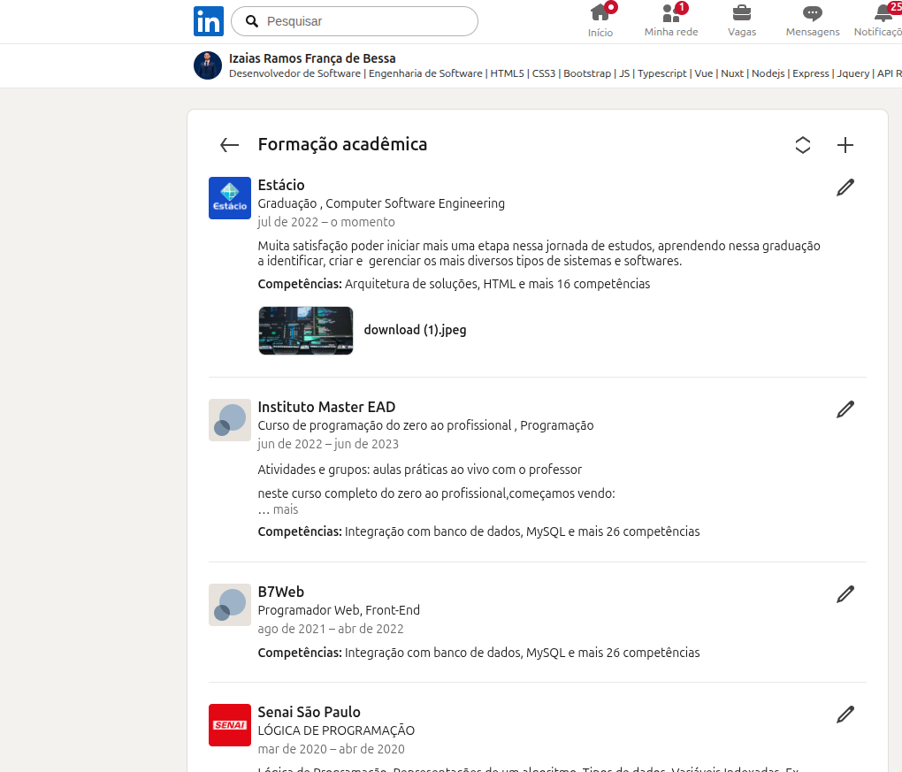 Print da formação acadêmica no LinkedIn — Estácio, Instituto Master, B7Web e Senai