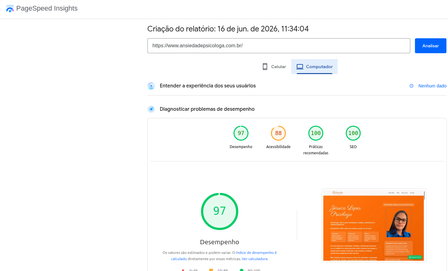 PageSpeed Insights — ansiedadepsicologa.com.br: Performance 97, SEO 100, Boas práticas 100